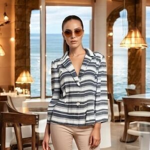 LOFT Ann Taylor Womens Blazer 10 Blue White Striped Linen Jacket 2 Button EXC